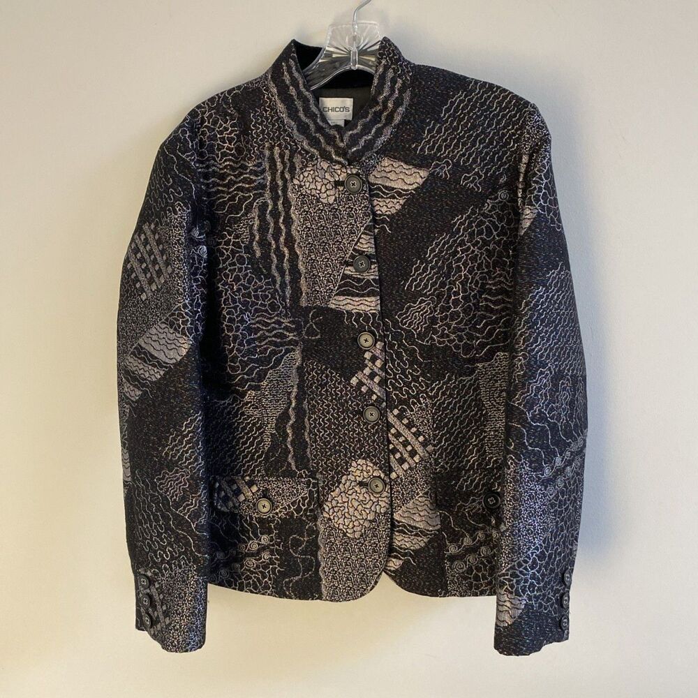CHICOS Lizbeta Festive Shimmer metallic Blazer Velvet collar Jacket Size1 Medium